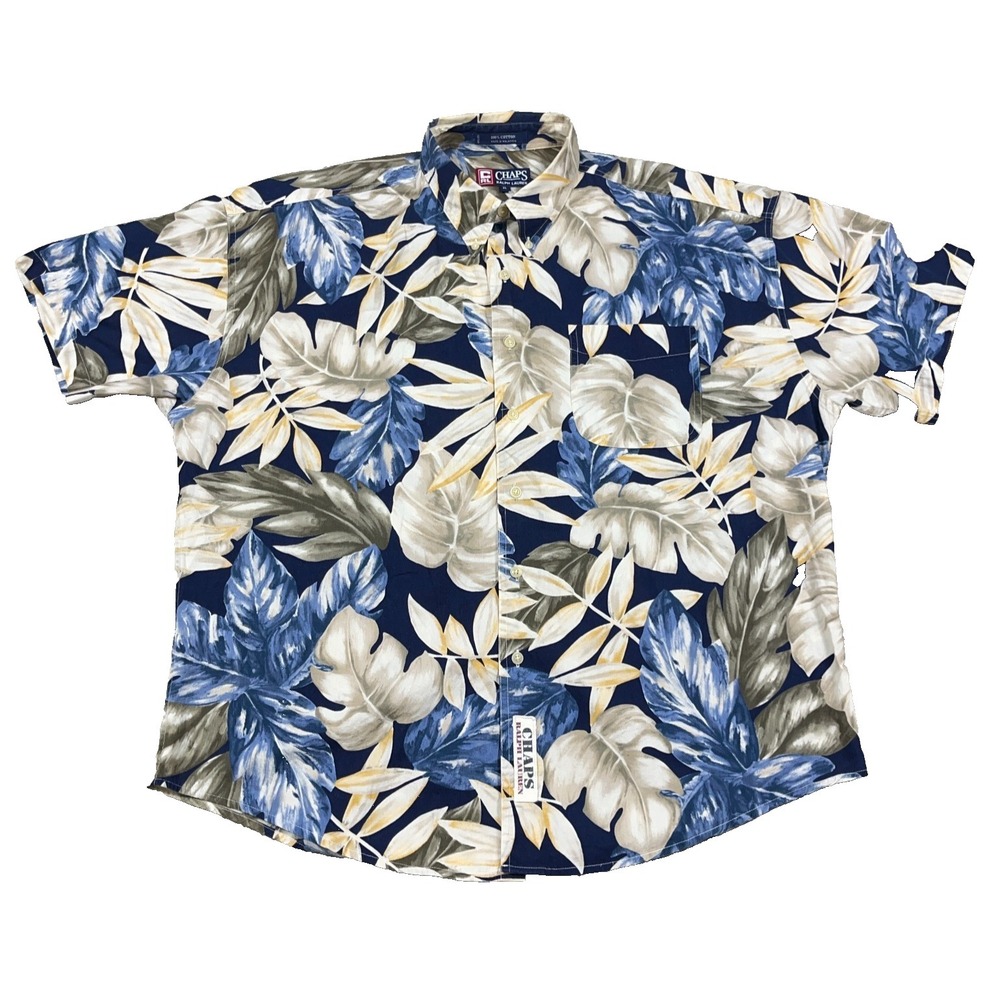 Vintage Chaps Ralph Lauren Shirt Men XL Blue Floral Hawaiian Button Up 90s Beach